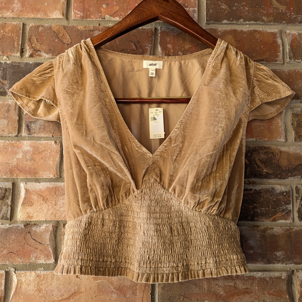 AERIE Velvet Cropped Top V-neck Brown Gold Tan Waist Smocking Women Sz XS NWT